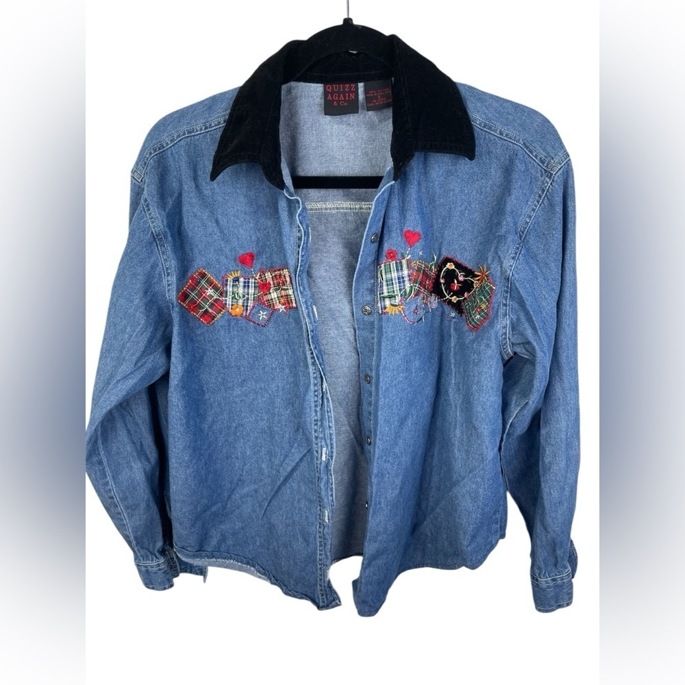 Quizz Again Blue Denim Vintage Button Up Embroidered Floral Top S Women’s EUC - Picture 2 of 15